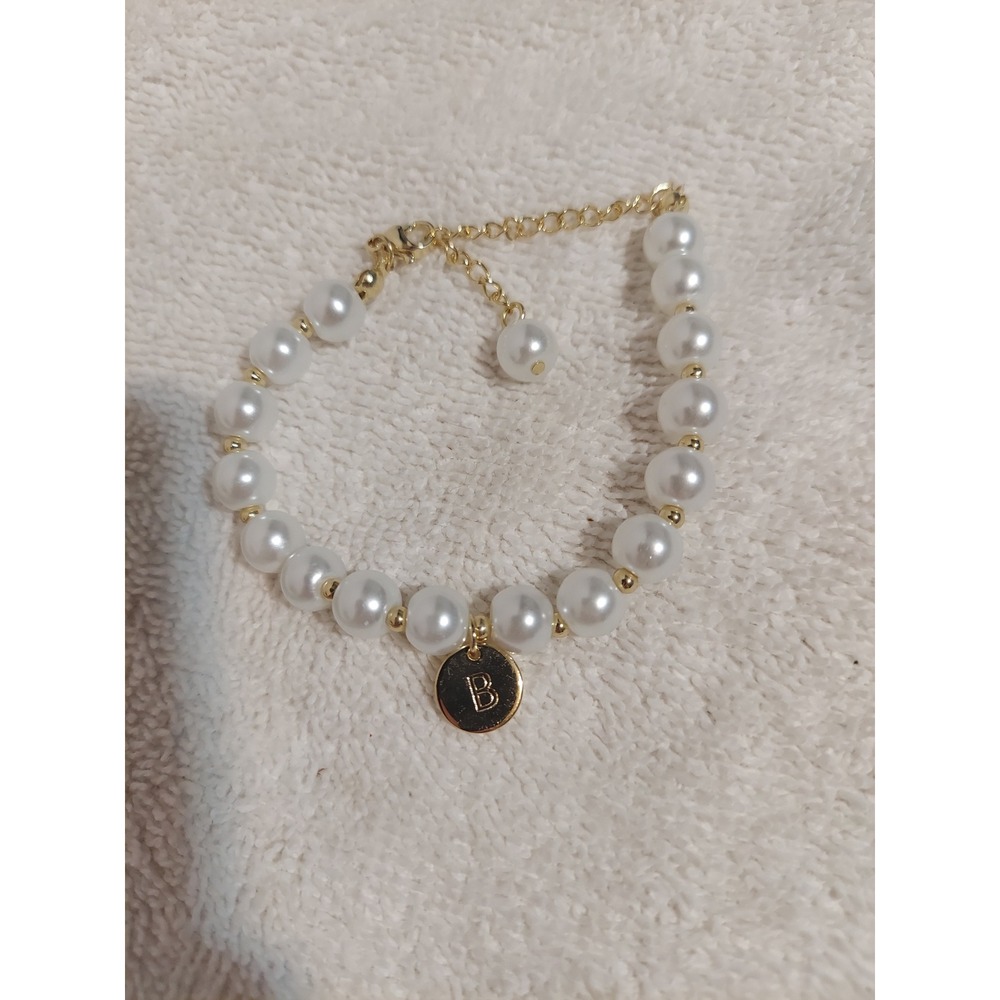 Gold Tone Pearl Charm Bracelet Initial‎ B
